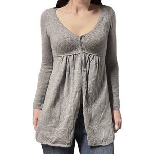 Zara | Y2K Gray Smocked Button Chest Babydoll Flyaway Open Front Tunic Cardigan